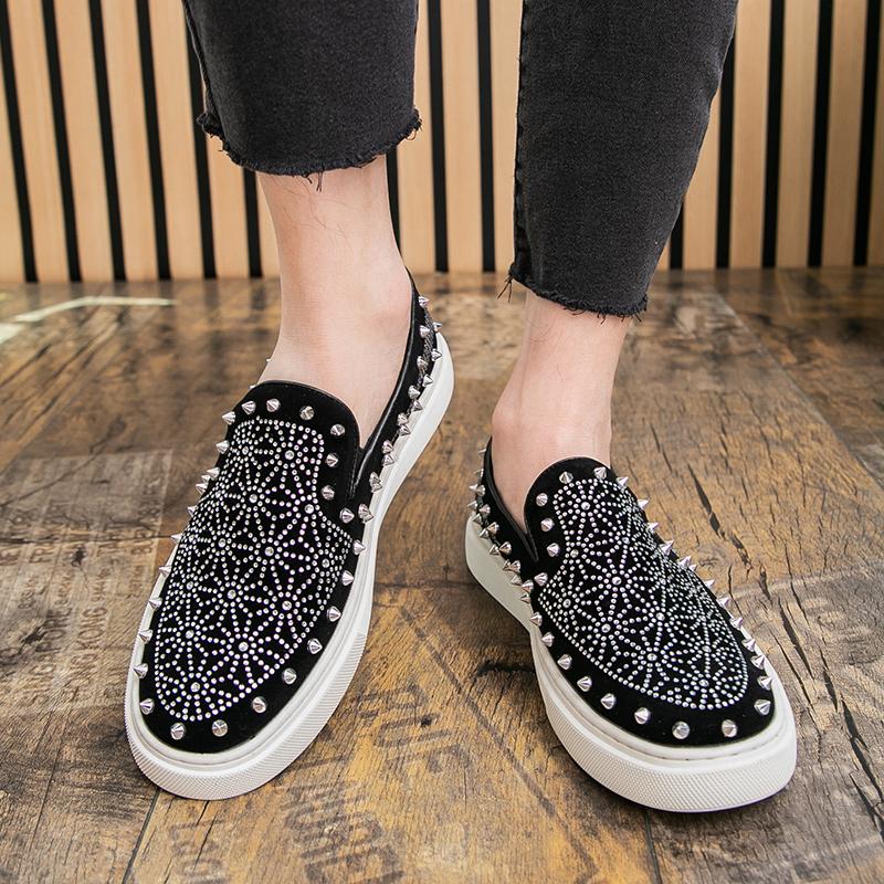 Trend New Men's Charm Rhinestone Rivet Leather Leisure Shoes Male Rock Diamond Thick Bottom Slip On Loafter Zapatos Hombre
