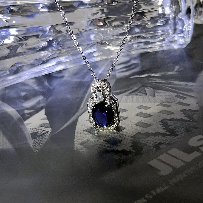 Royal Blue Sapphire & Diamond Necklace: High-End Luxurious Lock Clavicle Chain for a Simple Elegant Look