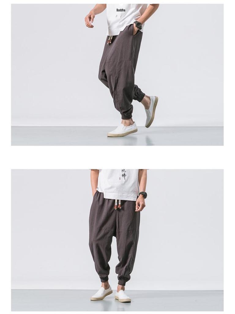 2022 Men's Loose Linen Ankle-Length Drawstring Trousers - Youthful Spring/Summer Style, Plus Size, Solid Color.