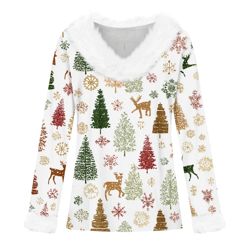 Women's Casual Fashion Long Sleeve Christmas Printed Flannel Collar Top