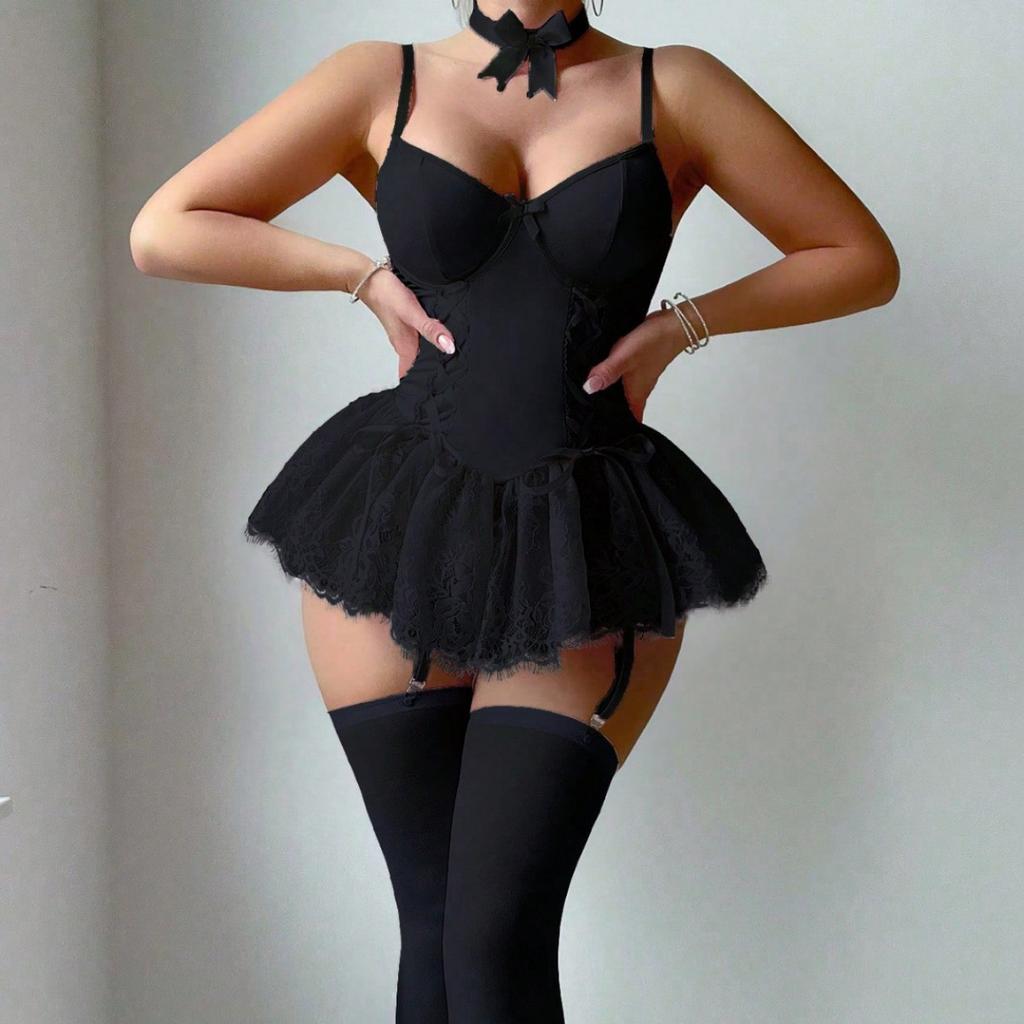 European and American New Pure Desire Sexy Underwear Steel Ring Suspender Mesh Bow Pajamas