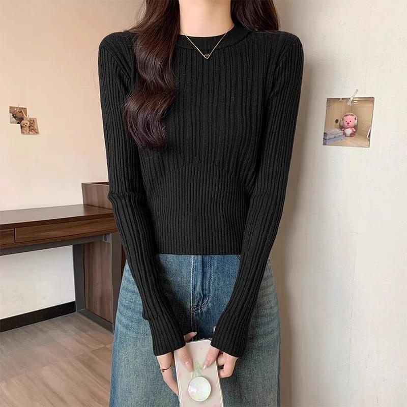 Crew neck black long-sleeved sweater women's autumn and winter high-end design sense pure desire knitted bottoming shirt top