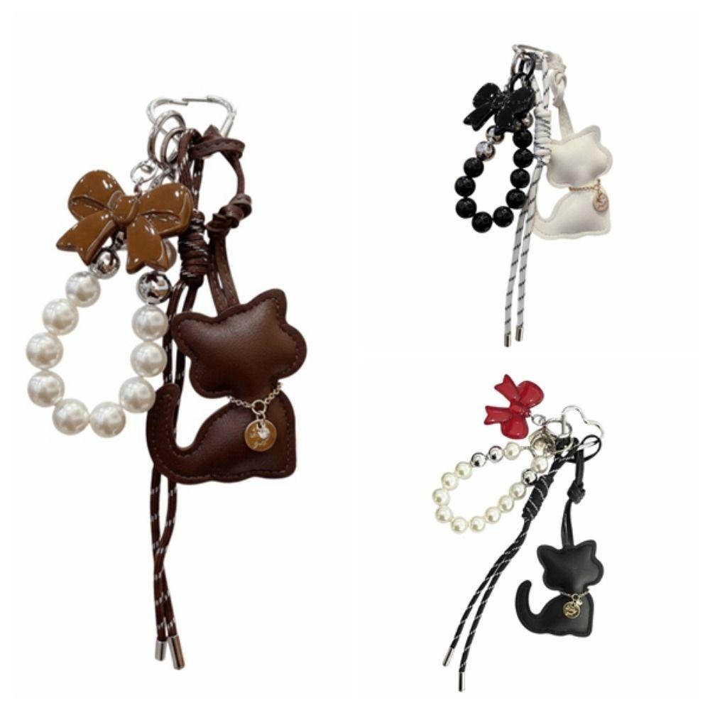 INS Pearl String Leather Cat Pendant Cartoon Cute Key Ring Bowknot Creative Bag Hanging Charms Backpack Charms
