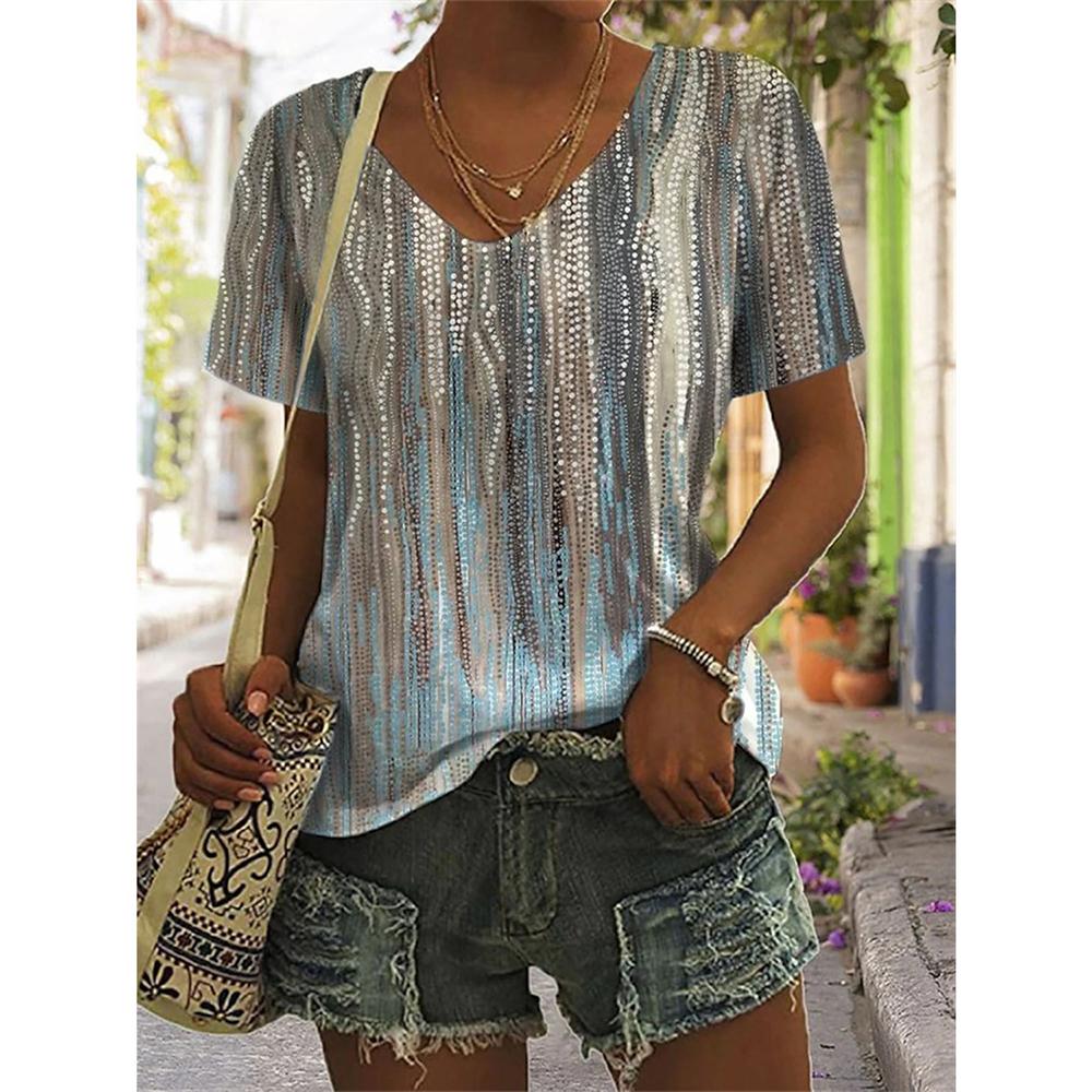 Summer Women's T-Shirt Vintage Casual Black Fashion V Neck Pullover Short Sleeve Printed Loose Daily Tops Design Clothe