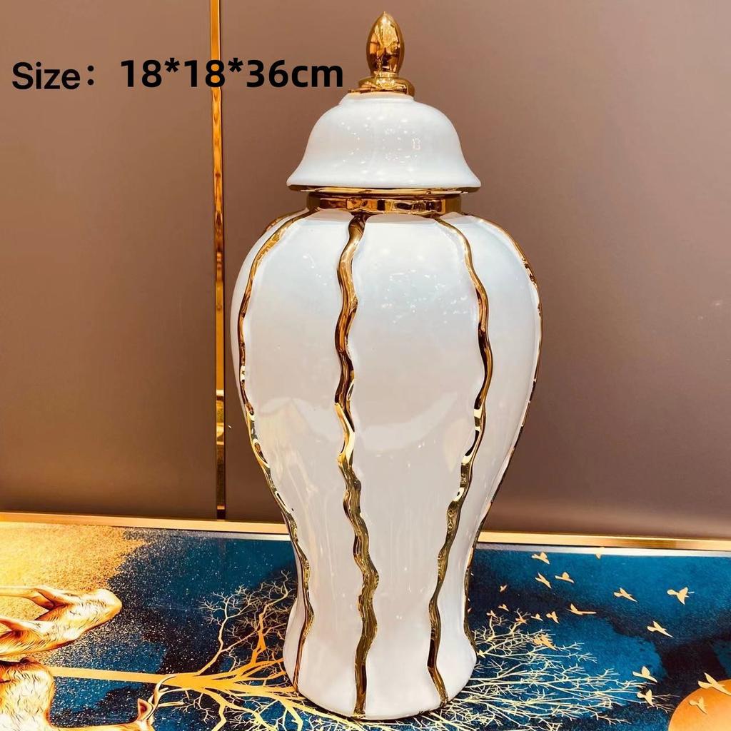 Ceramic General Jar Electroplated Gold Plaid Artwork Storage Jar Home Decor Hotel Display Vase Dry Dried Flowe Vase With lid