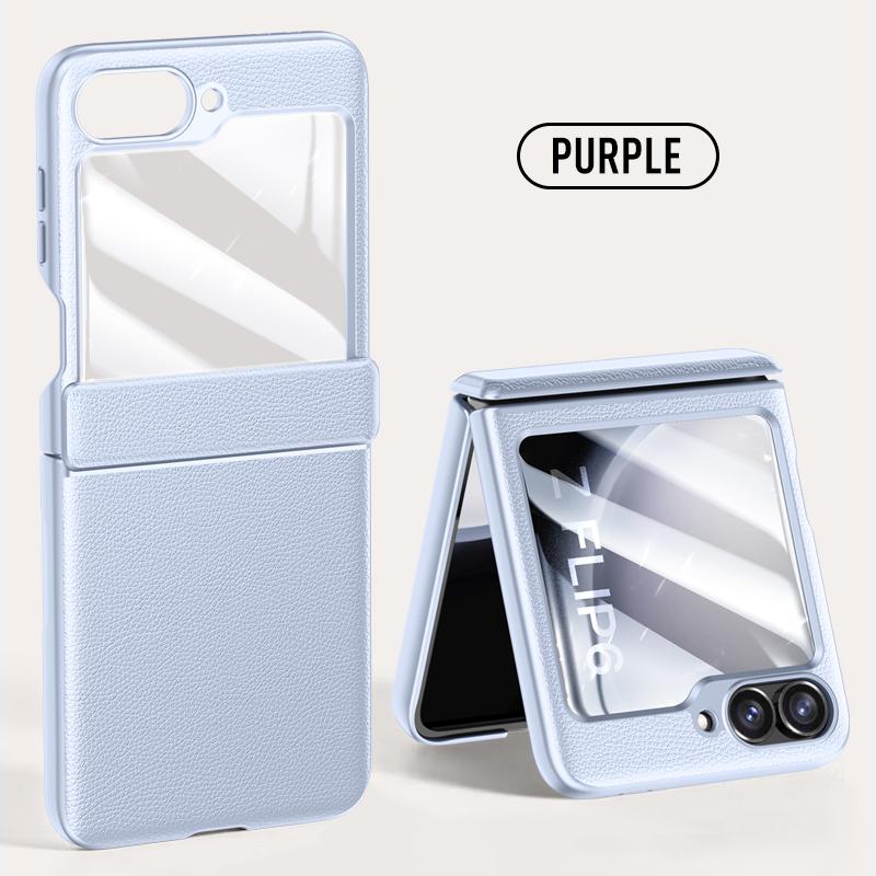 Leather Hinge Tempered Glass Film Case For Samsung Galaxy Z Flip 6 5 5G Skin Feel Lens 360 Protection Slim Cover Shell Fundas