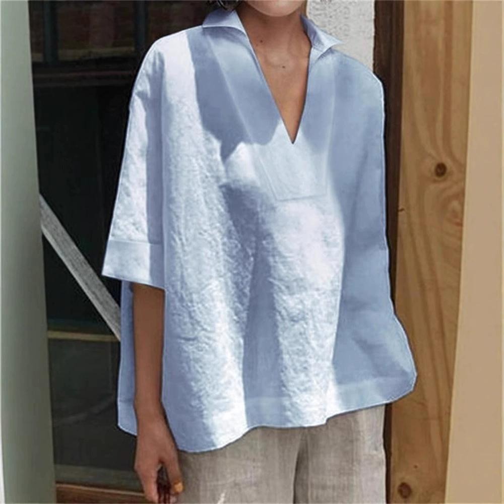 

Осенний женский топ из хлопка и льна, белый однотонный, с коротким рукавом и V-образным вырезом, свободная повседневная блузка, женская летняя универсальная рубашка, женская одежда M