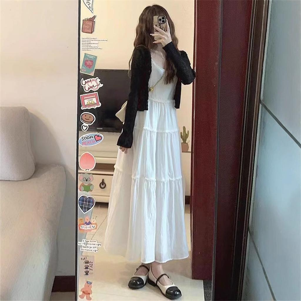 Summer dress with a complete set of gentle wind waist and thin white suspender dress women's seaside vacation medium and long dress
