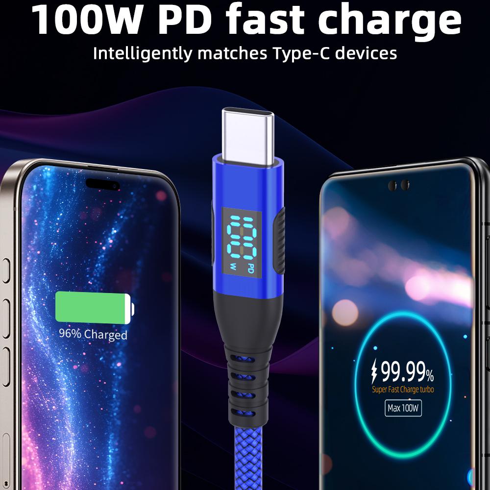 3m USB-C To USB-C Cable 100W 5A/20V Nylon Braided Phone Tablet Fast Charging Digital Display Cord