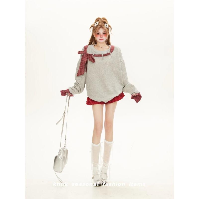 Women's Lace Up Long Sleeved Sweatshirt Round Neck Fake Two Loose Solid Color Women's Hoodies Autumn Fashion New Female Top