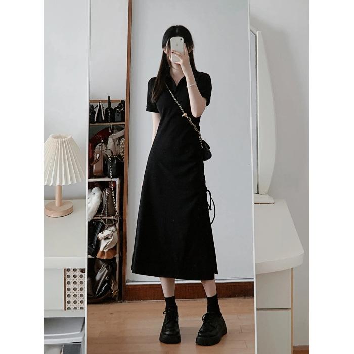 Black polo dress children s summer new small casual long dress French Hepburn style small black dress S чёрный