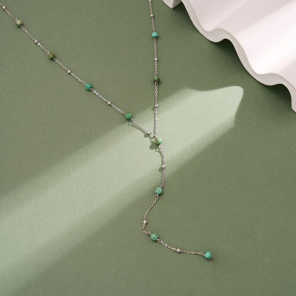 Factory  S925 Sterling Silver Y-shape Turquoise Sweater Chain Necklace for Women Dainty Daily Wear Necklace Jewelry