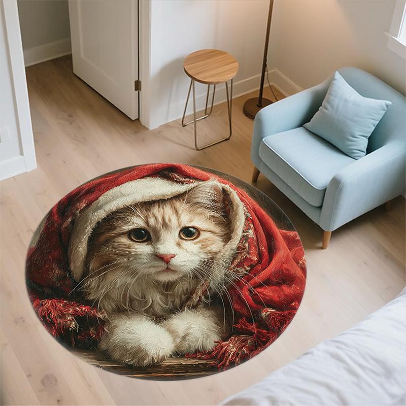 Christmas Cat pattern round rug,Carpet Rug for Living Room Bedroom Sofa Playroom Decor,Non-slip Floor Mat,Holiday Gifts and Birthday Gifts
