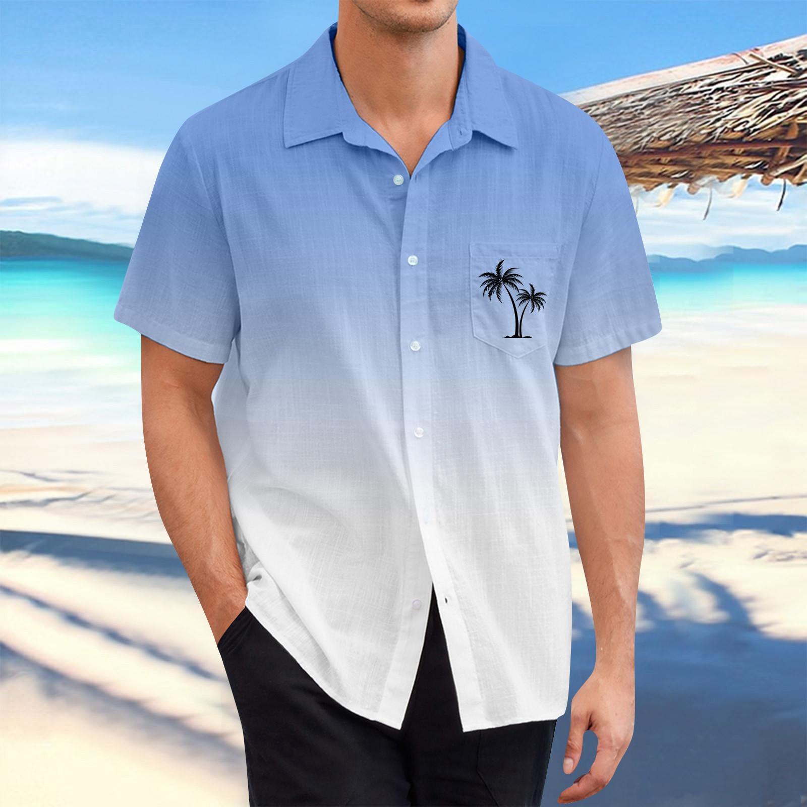 

Гавайская рубашка для мужчин, мужские винтажные рубашки для боулинга на пуговицах, летняя пляжная рубашка с коротким рукавом L синий