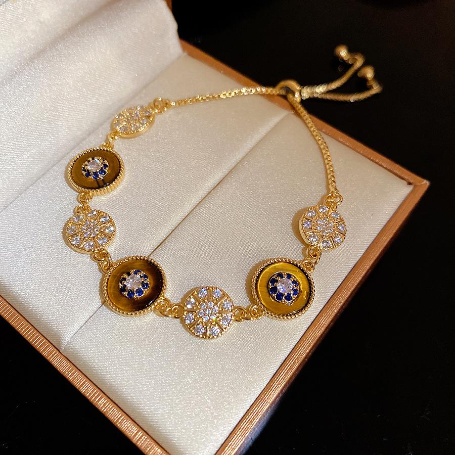 18K Gold Plated Geometric Tiger's Eye Bracelet with Zircon, Vintage Autumn Winter Style, Light Luxury Jewelry.