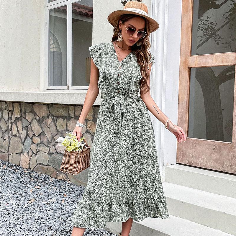 

New summer print slim dress green retro dress S