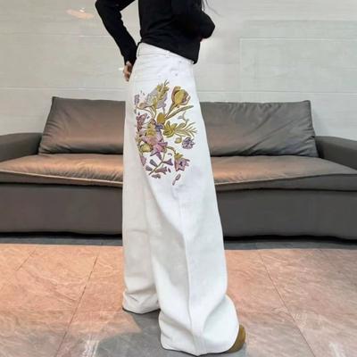 Womens High-Waisted Wide-Leg Straight Jeans With Vintage Floral Embroidery Washed Denim Loose Fit