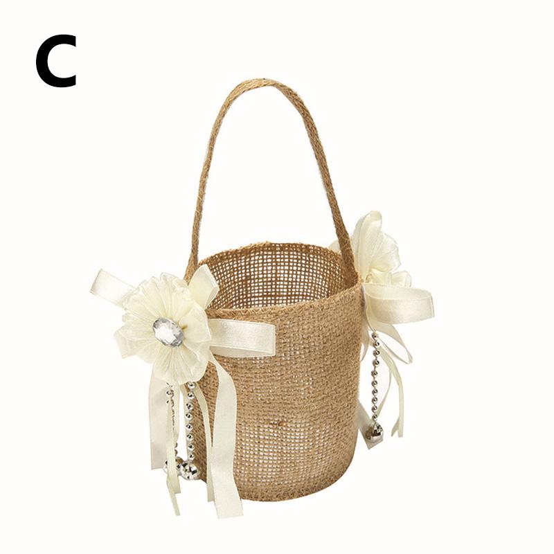 Wedding Lace Burlap Flower Basket Linen Handle Vintage Flower Basket Rustic Wedding Ceremony Lace Satin Flower Basket