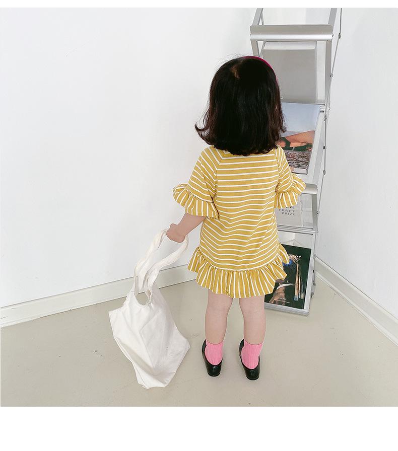 2025 Summer Korean Style Ruffle Sleeve Dress for Girls - Short Sleeve Striped Skirt