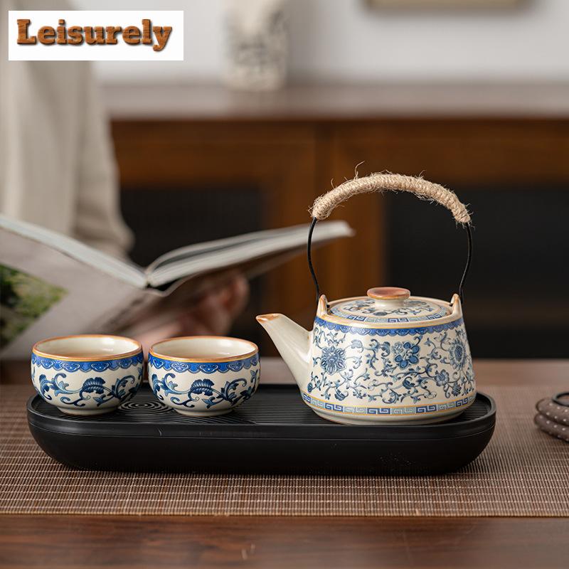 Blue and White Ru Kiln Enamel Colored Tea Set Complete Set Japanese Tea Ceremony Set Teapot and Tea Cup Set Tea Set Decoration