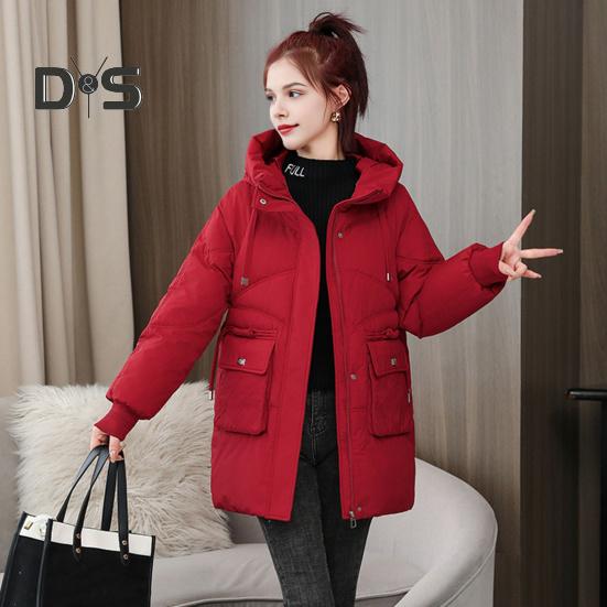 Winter Down Coat Thickened Padded Hooded Pockets Zipper Closure Drawstring Mid Length Windproof Heat Retention Daily Cold Weather Outwear Cotton