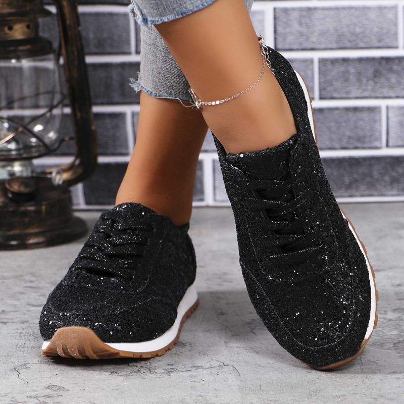 Women's Spring-Autumn Flat Sequined Lace-Up Casual Sports Shoes, Versatile European Style, Available In Large Sizes.