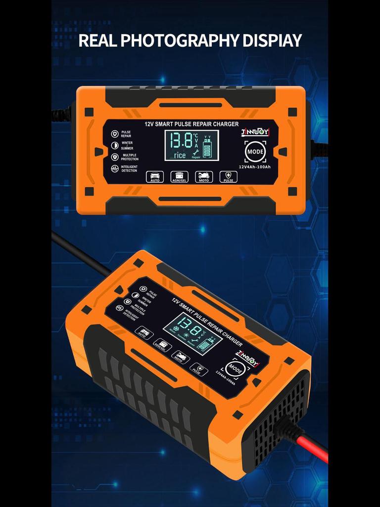 Intelligent 12V Pulse Repair Battery Charger with Screen Display for Motorcycle and Car