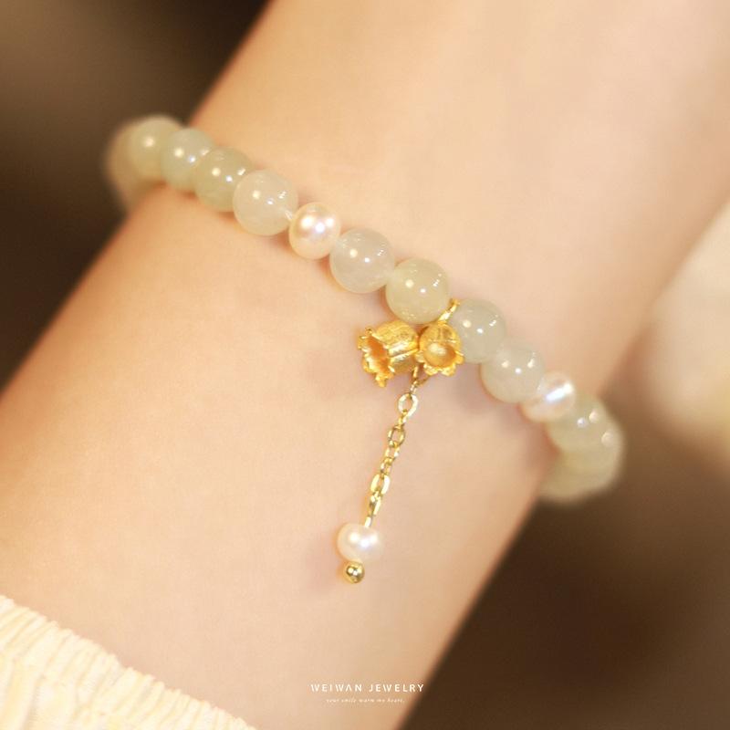 Wind Chime Lily of the Valley Bracelet, Clear Water Green Hotan Jade Bracelet, Natural Qinghai Jade Birthday Gift Bracelet
