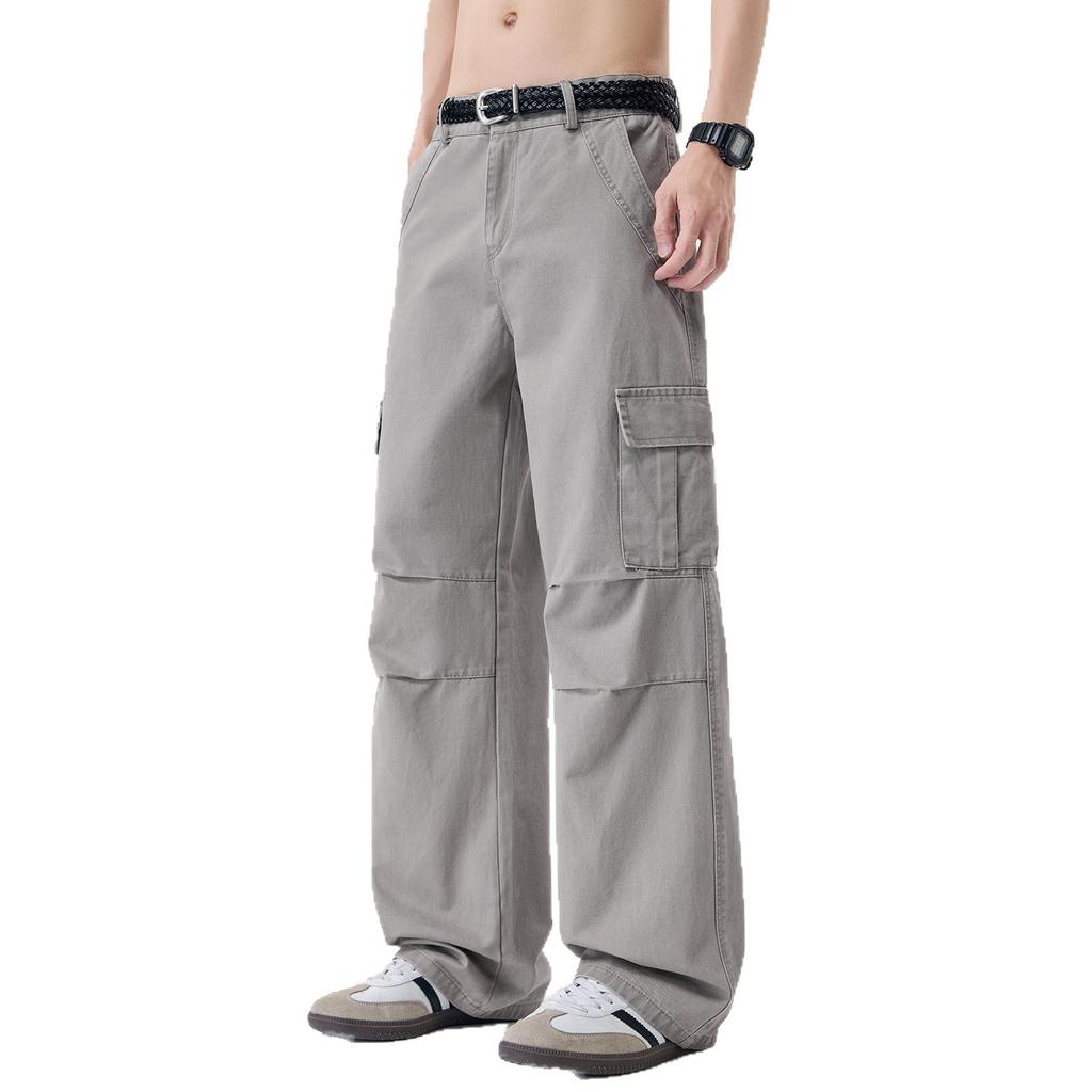 American high street tide brand washing tooling casual pants men's trend fashion loose straight splicing multi-pocket trousers