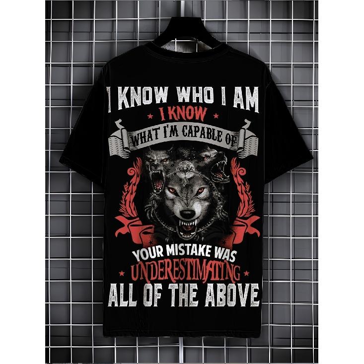 Men'S Cartoon Wolf T-Shirt, Casual Crew Neck Short Sleeve Tee, 100% Fabric, Slight Stretch, Summer Fashion Top, Regular Fit