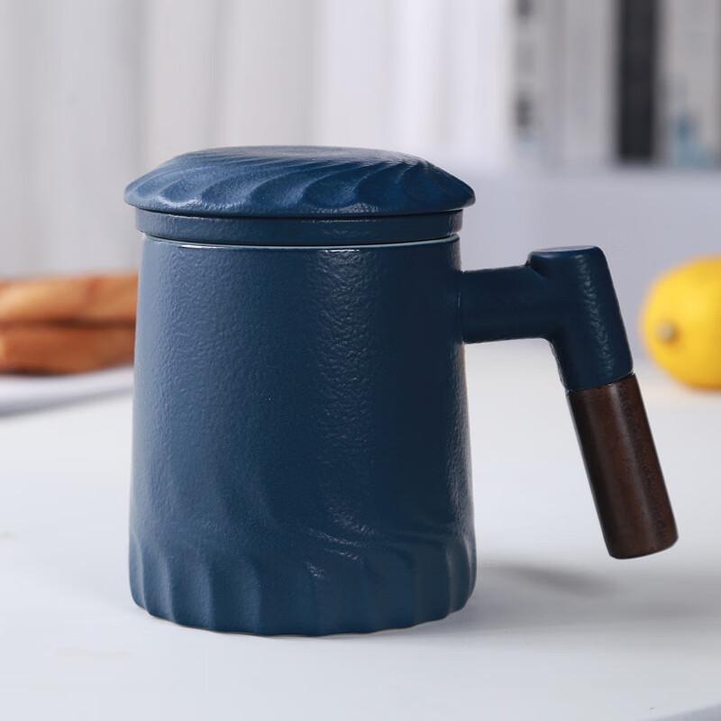Blue Glazed Ceramic Tea Mug with Wooden Handle & Filter Lid