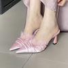 2025 New Sweet Lace Shoe Mouth Fashion Pointed Head Bag Head Half Slippers Thin Heel Sexy Super High and Elegant Fold