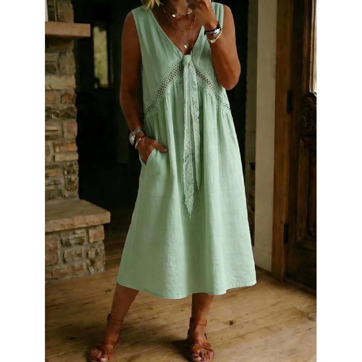 2026 New Women's Solid Color Lace Decorated Sleeveless Dress V-neck Casual Dress