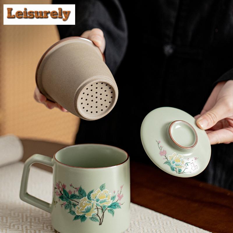 400ml Exquisite Pea Green Ru Kiln Porcelain Work Office Mug Hibiscus Mutabilis Filter Tea Separator Cup Personal Cups Gift Box
