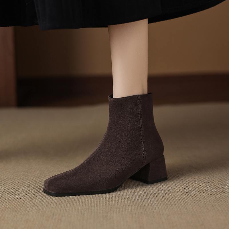 Krazing Pot 2026 cow suede nubuck Winter Square Toe Chunky Heels Chelsea Fashion Boots Women Zip Retro Women Ankle Boots