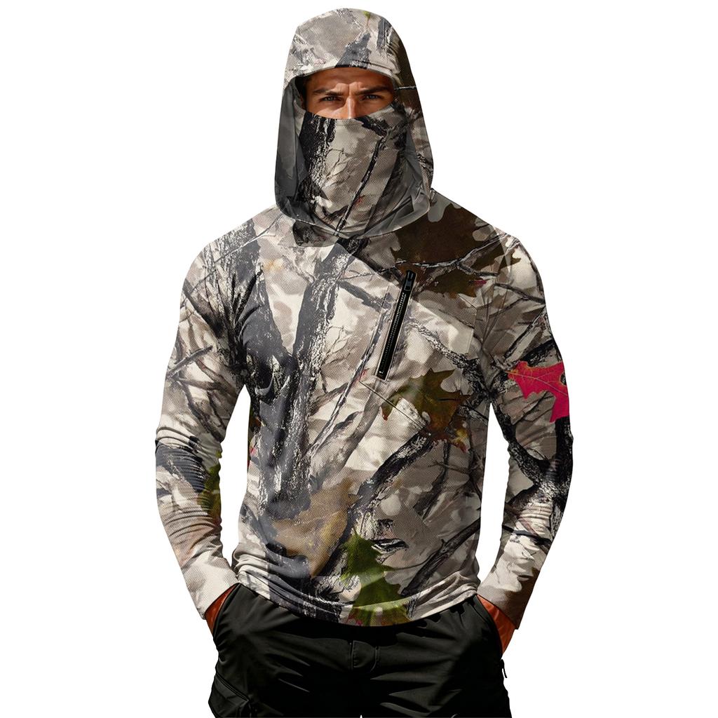 Men's Casual Long Sleeve Hoodie Lightweight Sun Protection Jacket Leaf Camouflage Print Outdoor Sportswear with Hood and Zipper Pocket