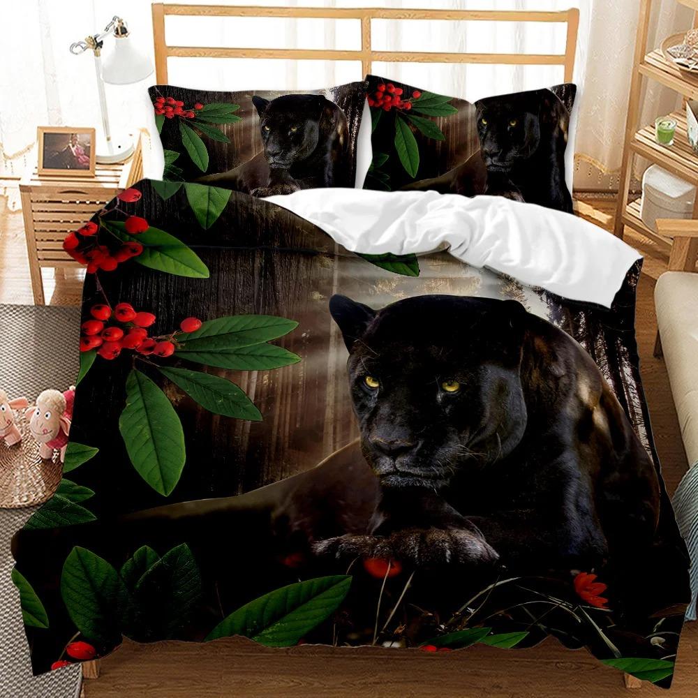 Black Panther Dekbedovertrek Set Kinderen Jongens Meisjes Safari Cheetah Dekbedovertrek Blauw Vuur Wild Dier Polyester Queen Beddengoed Set US Twin 173x218cm