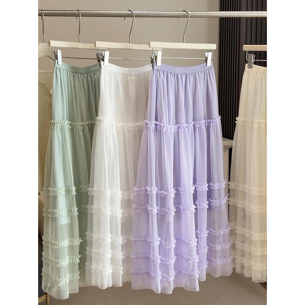 Qooth Lace Edge Fluffy  Layered Tulle Skirt Ankle-length with A Full Flared Silhouette QT2862