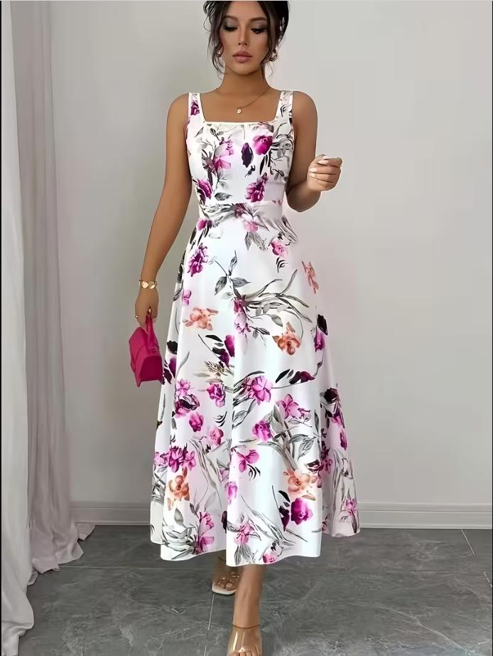2026 Summer Floral Print Slim-Fit Spaghetti Strap Square Neck Dress