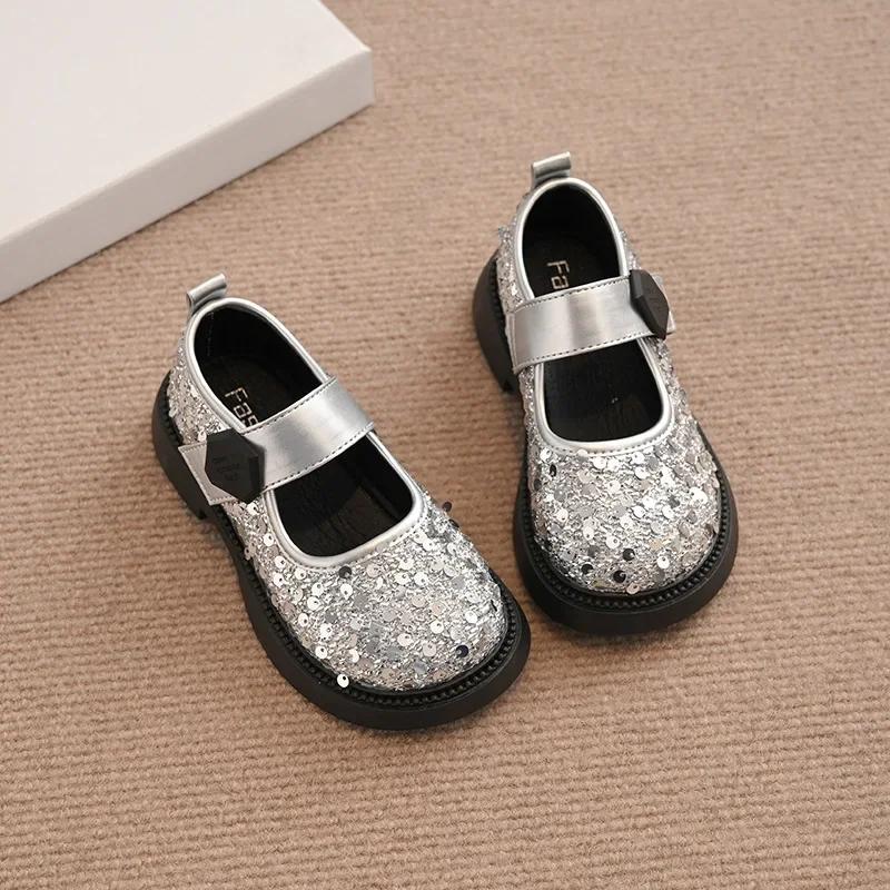 Girls Princess Shoes with Shiny Sequin Kids Leather Shoes Round Toes Hook&loop 2025 New Fashion Children Flat Shoes Non-slip