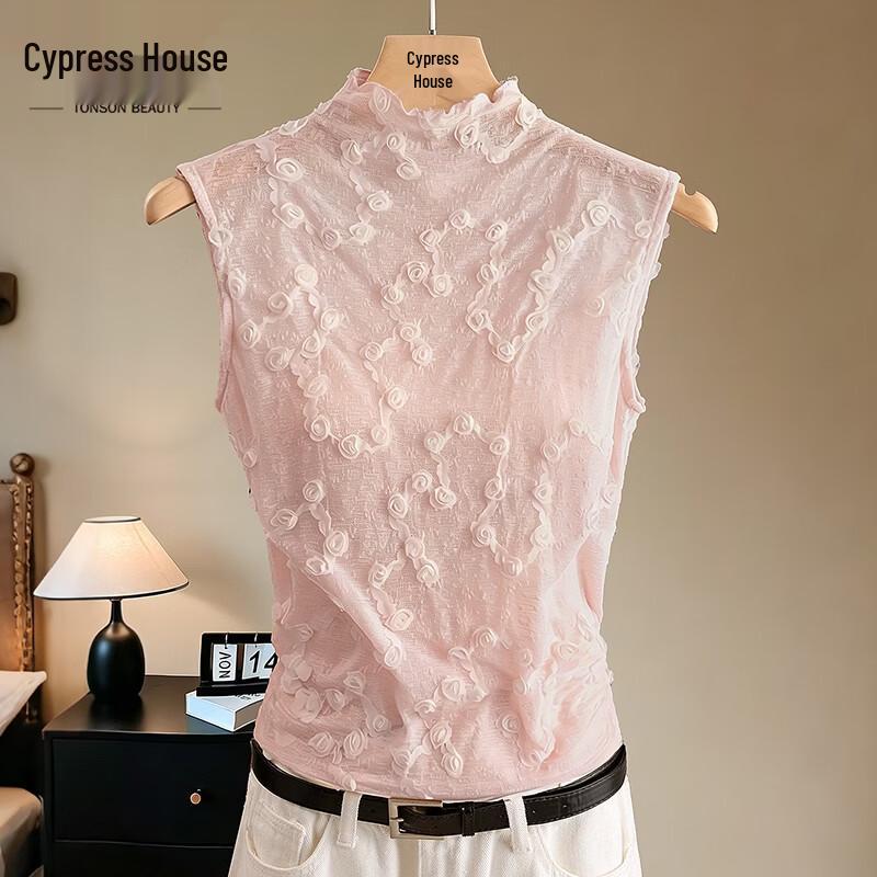 Cypress House 3D Flower Mesh Lace Slim-Fit Pullover T-Shirt One Size розовый