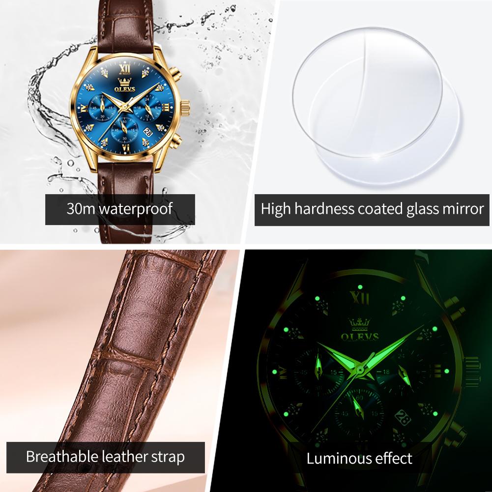 OLEVS 5523 Original Brand Women's Watches Fashion Waterproof Leather Strap Quartz Watch for Lady Chronograph Luminous Wristwatch