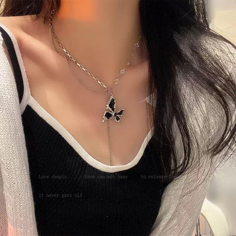 Black butterfly zircon necklace women s new neutral cold wind neck chain collarbone chain sweater chain with accessories