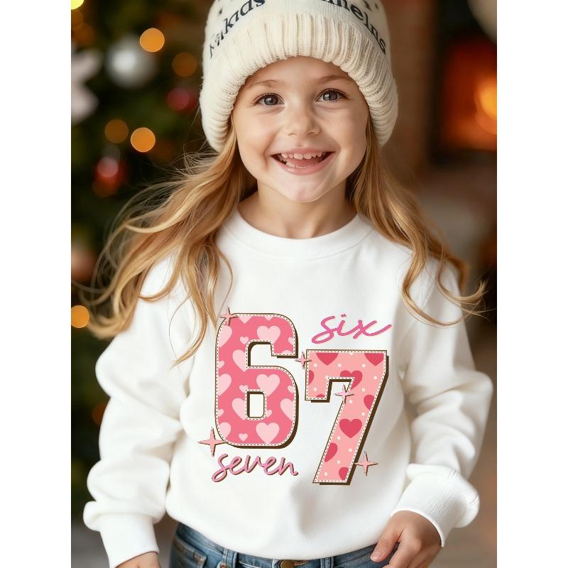 European Sizes Kids' Fashion -Lined Sweatshirt, Six Seven 6 7 Heart Cartoon Pattern Print Loose Fit Casual Long Sleeve Pullover Sweatshirt