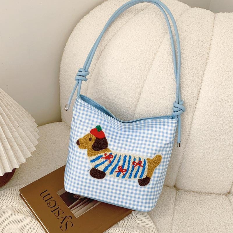 Стильная минималистичная корейская милая мультяшная сумка-ведро для модных повседневных нарядов Checkered Stripe Dog