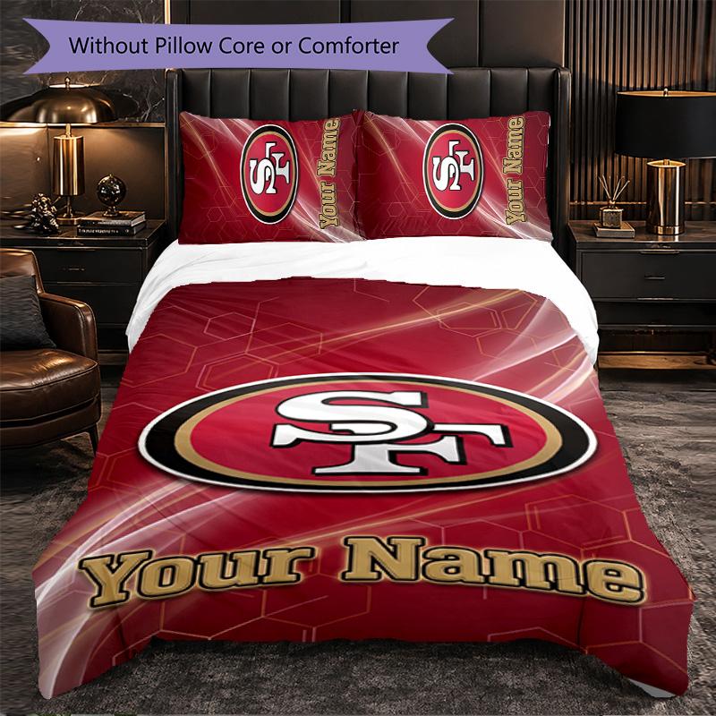 San Francisco 49ers Customized Name Text Bedding Set, 1 Duvet Cover & 2 Pillowcases Personalized Bedroom Gift