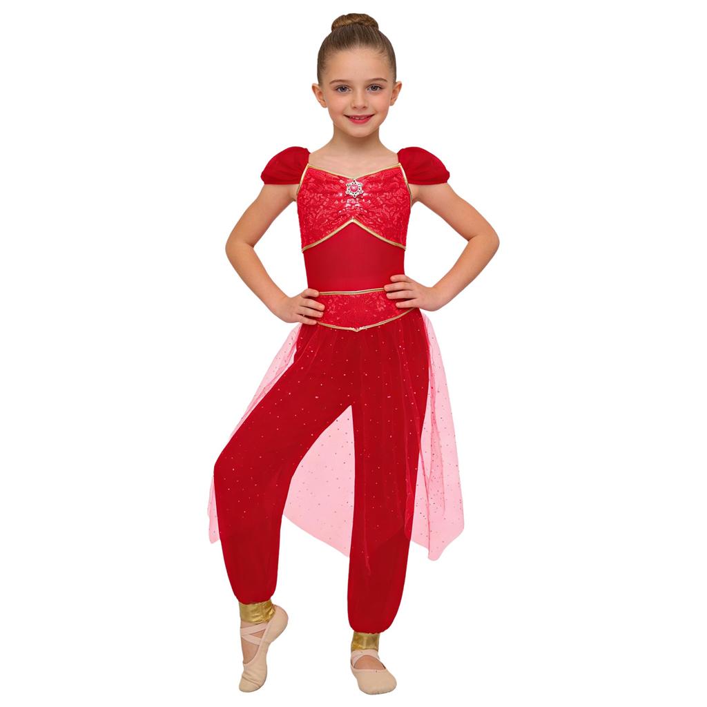 Girls Belly Dance Costume Arabian Princess Rompers Sequined Waist Tulle Overlay Jumpsuit Contrast Color Rhinestone Decor