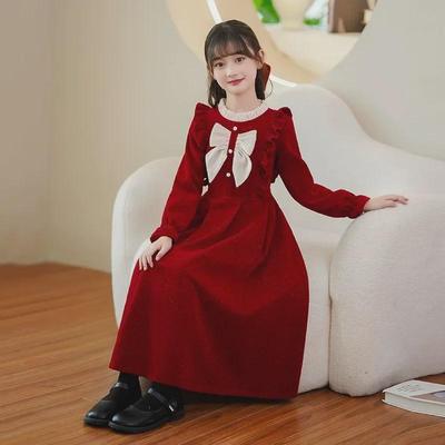 Stylish Red Princess Long Dress for Little Girls - Winter & Autumn Collection