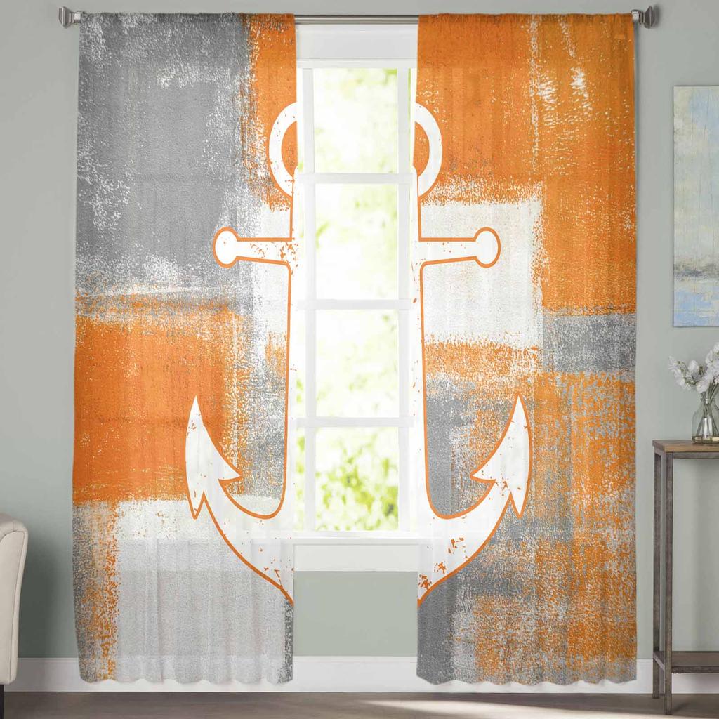 Retro Abstrakt Målning Skepp Ankare Orange Fönster Tyllgardiner för Vardagsrum Sovrum Hotell Lyxig Dekoration Genomskinliga Gardiner
