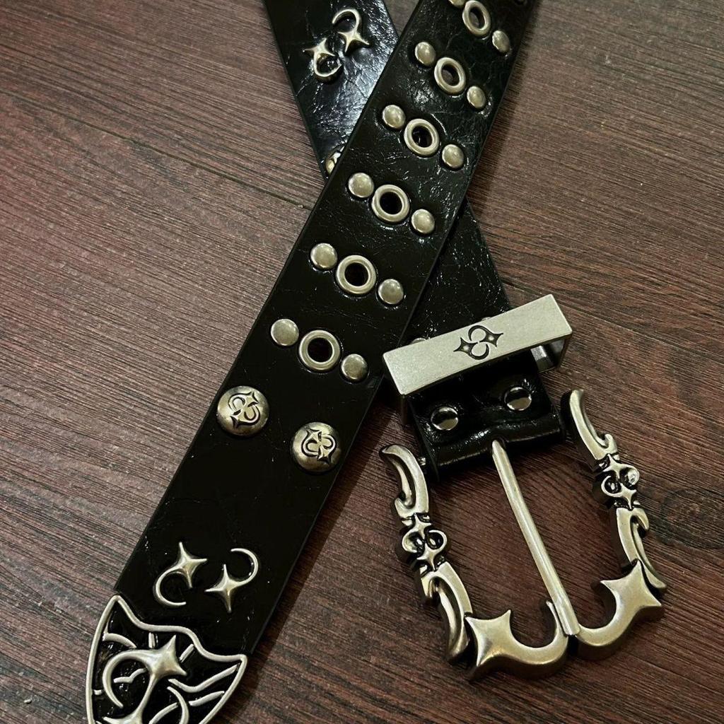 Dark Spicy Girl Punk Rock Rivet Denim Leather Belt with Double Row Design